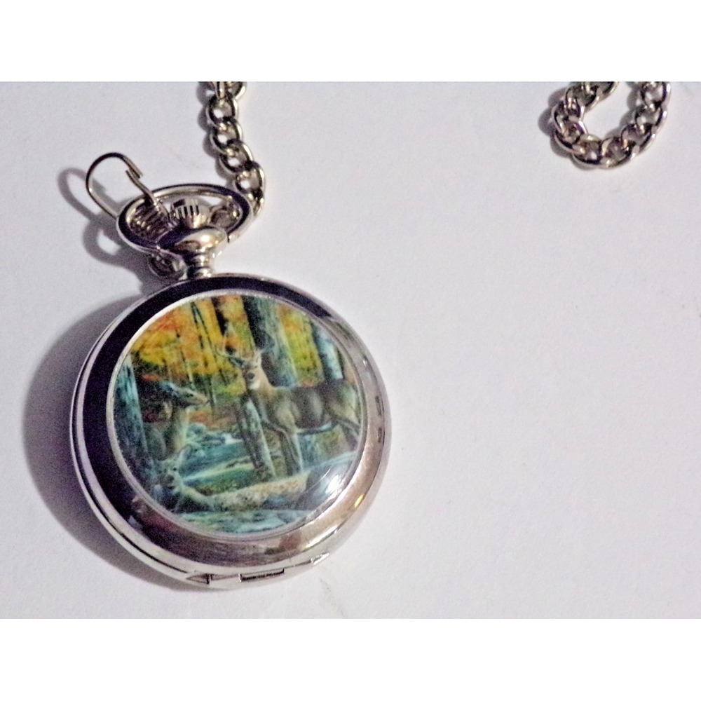 Hanslin Men's Pocket Watch Silver w/Deer Picture on Front Chain Attached Boxed